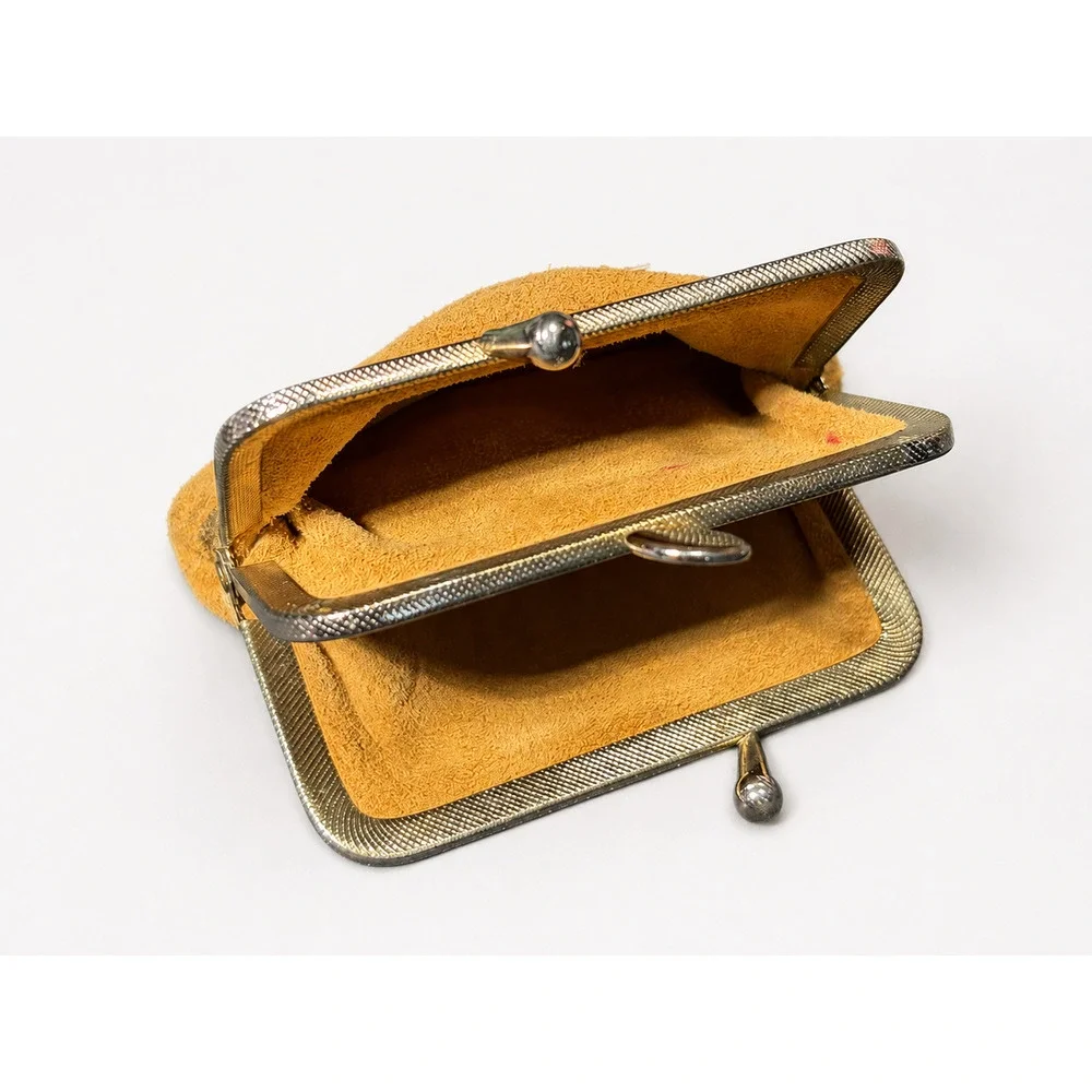 Vintage Tan Suede Pheasant Coin Purse Kiss-Lock Metal Frame